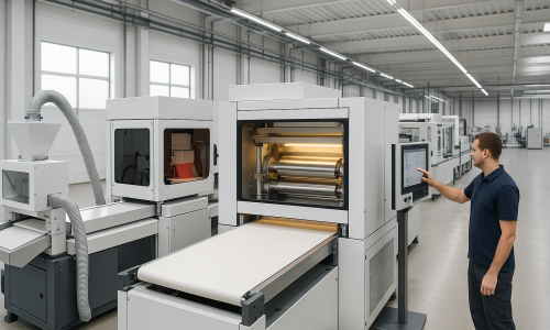 Pulverkaschiermaschine in heller Produktionshalle mit Bediener am Touchpanel und sichtbarer Pulverstreueinheit.