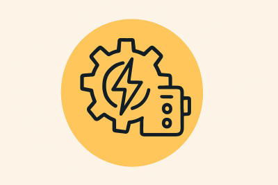 Symbolisches Icon für Maschinenbau und Projektstart: Zahnrad mit Energieblitz