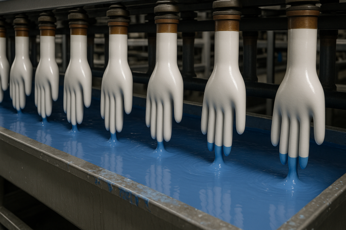 Detail einer Handschuh-Produktionslinie: saubere keramische Former in Bewegung durch die Tauchstation
