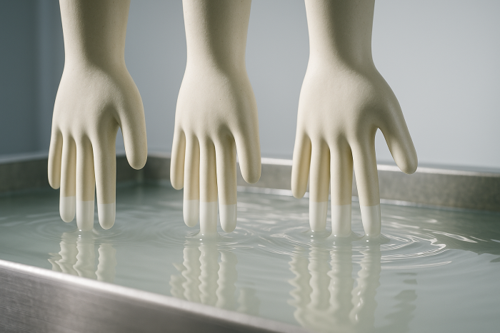 Keramische Handformer tauchen gleichmäßig in ein transparentes Polymerbad ein, um Handschuhe zu formen.