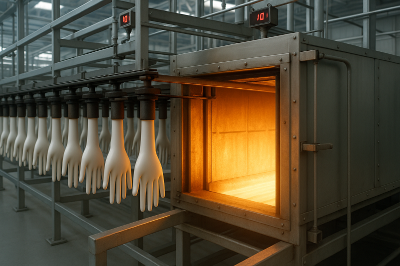 Beschichtete Handformer durchlaufen einen industriellen Heißluftofen zur Vulkanisation der Handschuhe.