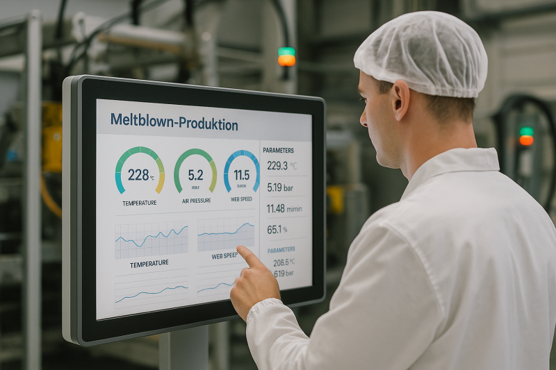 Bediener in Schutzkleidung steuert Meltblown-Anlage über Touchpanel mit Echtzeitdaten​