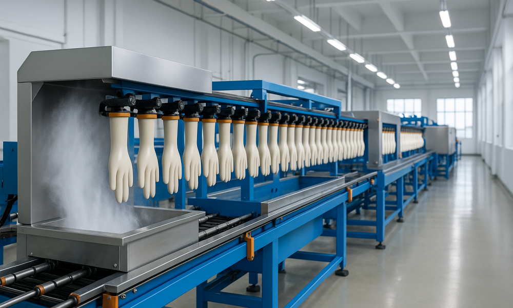 Moderne Produktionslinie für medizinische Einmalhandschuhe mit vollautomatischer Formerreinigung und energieeffizienter Trocknung