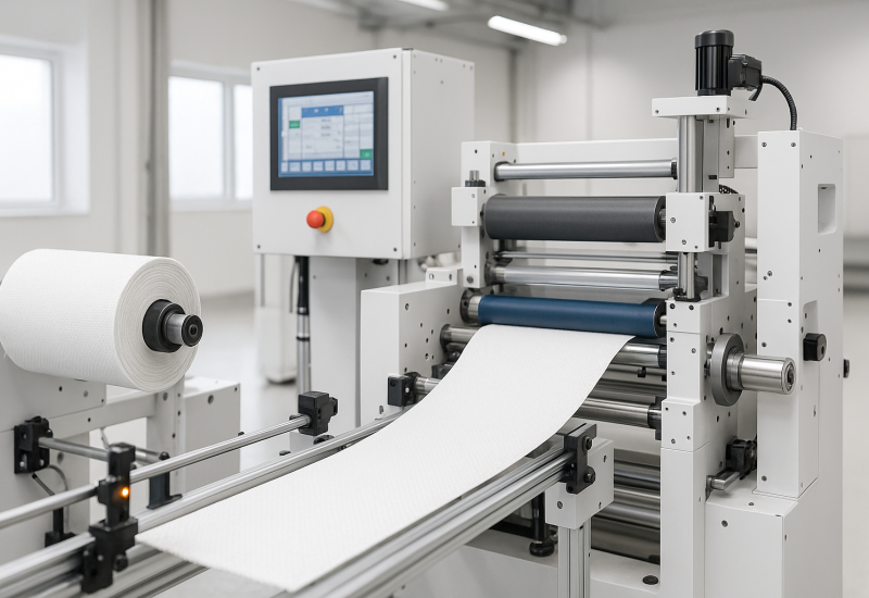 Modulare Kaschieranlage mit Wickler, Kaschiermodul, Schneideeinheit und Steuerung in industrieller Umgebung.